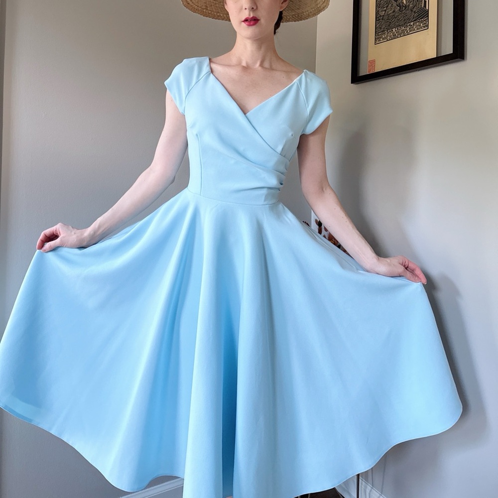 Light Blue A-Line Midi Dress with Pockets